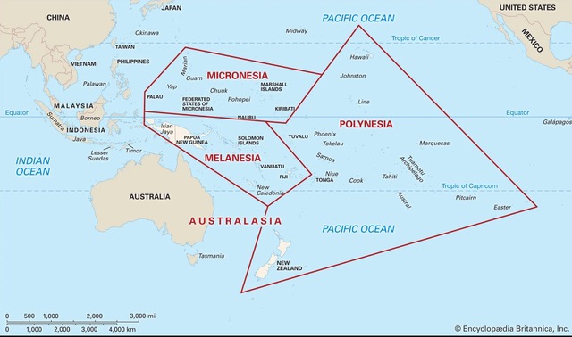 A Map of Oceania, showing Micronesia, Melanesia, Polynesia and Australsia